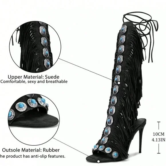 Black Bohemian Women'sGemstone Straps Fringe Detail Knee High Stiletto Boots f - Picture 7 of 10